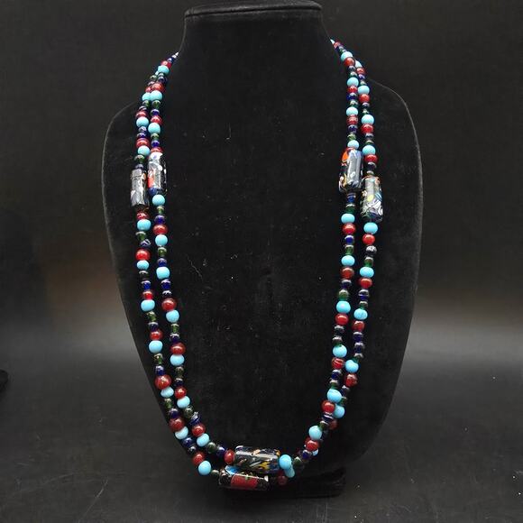 Millefiori Glass Beaded Necklace Red Blue Green LONG Layering - Picture 1 of 8